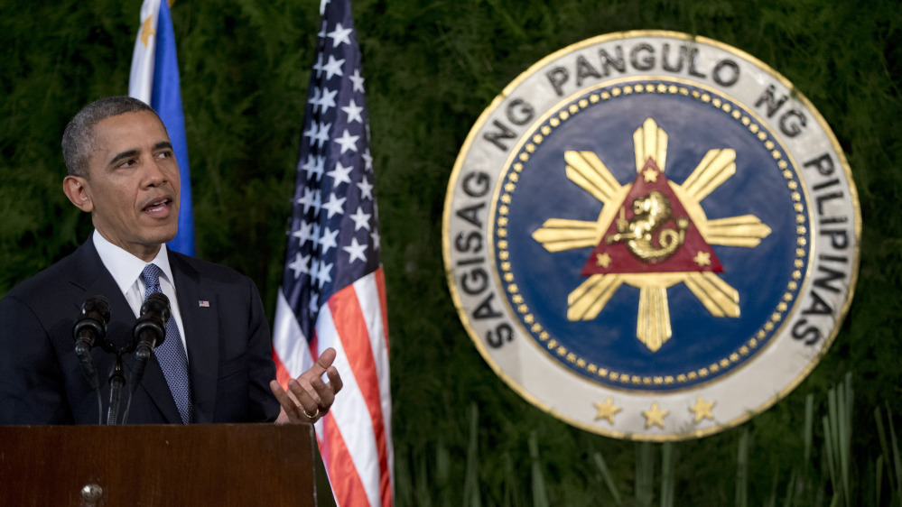 President Obama speaks during a joint news conference Monday with Philippine President Benigno Aquino III at Malacanang Palace in Manila.