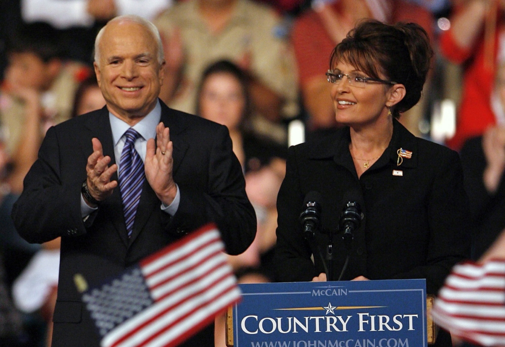 Then-Gov. Sarah Palin of Alaska basks in the spotlight after being introduced as the Republican vice presidential candidate by presidential nominee Sen. John McCain.