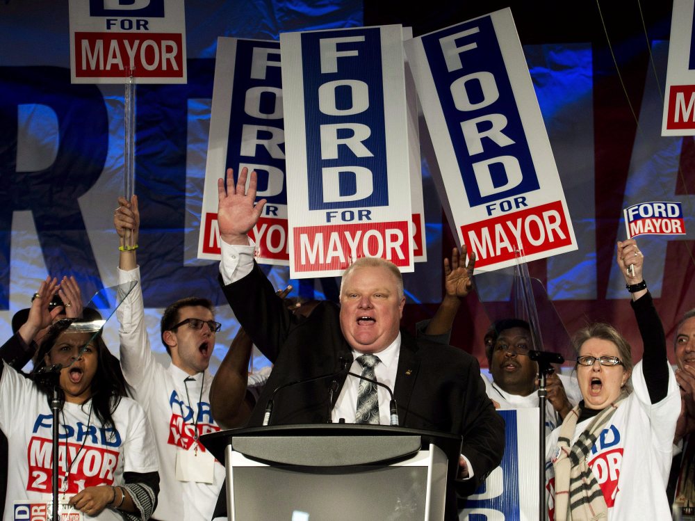 Toronto mayor Rob Ford speaks to supporters during his campaign launch April 17 in Toronto. on Wednesday, Ford’s lawyers said he will take a leave of absence to seek help for substance abuse.