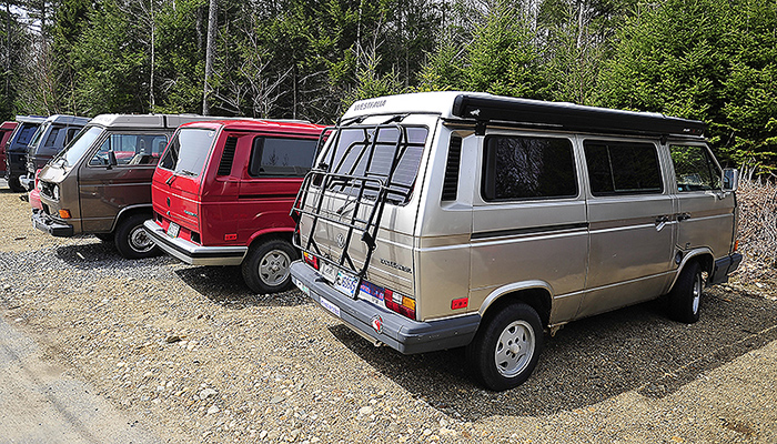 Volkswagen Vanagons wait for attention outside Foreign Auto & Supply Inc. in Harpswell.