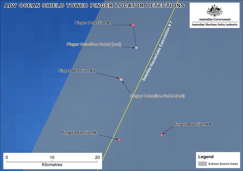 This image provided by the Joint Agency Coordination Centre on Wednesday, April 9, 2014, shows a map indicating the locations of signals detected by vessels looking for signs of the missing Malaysia Airlines Flight 370 in the southern Indian Ocean. An Australian official overseeing the search for the missing Malaysia Airlines plane said underwater sounds picked up by equipment on an Australian navy ship are consistent with transmissions from black box recorders on a plane.