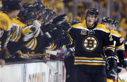 Boston Bruins' Loui Eriksson celebrates his goal with teammates during the first period of a Stanley Cup Playoffs game against the Detroit Red Wings in Boston on Saturday.