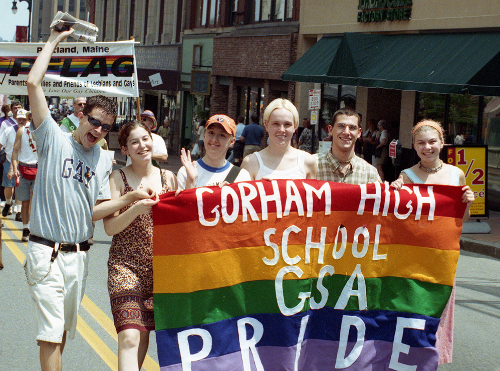 An unpublished photo, credited to staff photographer David MacDonald, shows members of Gorham High School's Gay-Straight Alliance marching up Congress Street in downtown Portland in the annual Portland Gay Pride Parade on Saturday, June 17, 2000.
