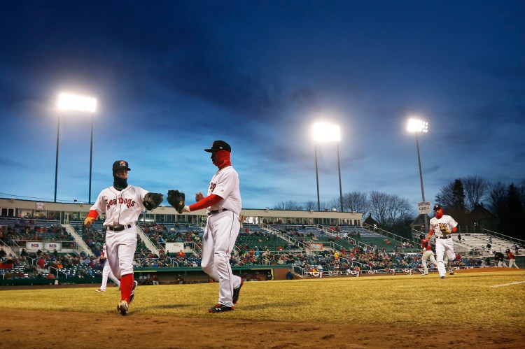 Sean Coyle, left, and Mookie Betts of Portland slap hands as they come off the field, Thursday, April 10, 2014, after the top of the 5th inning on opening day at Hadlock Field. Derek Davis/Staff Photographer