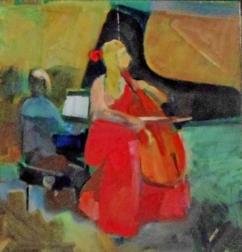 “The Cellist,” by Ed Douglas, from his exhibition at Greenhut Galleries in Portland.