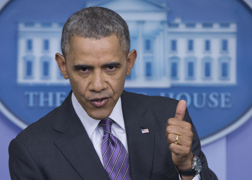 In this April 17 photo, President Barack Obama gestures as he speaks in the White House briefing room in Washington. Blue or red, a majority of states have exceeded their health care sign-up targets under Obama’s law, something that would have been hard to imagine after last fall’s botched rollout of insurance markets.