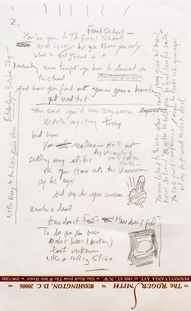 A page from a working draft of Bob Dylan’s “Like a Rolling Stone,” one of the most popular songs of all time.