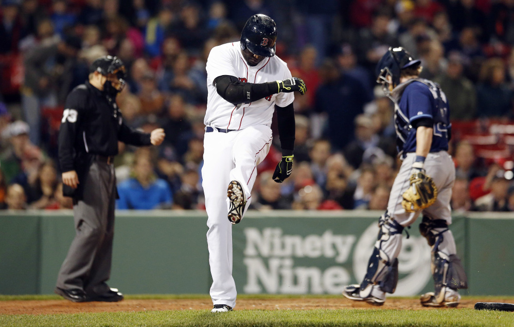 Red Sox designated hitter David Ortiz reacts after lining out in the fourth inning of the second game of a doubleheader against the Tampa Bay Rays in Boston on Thursday.