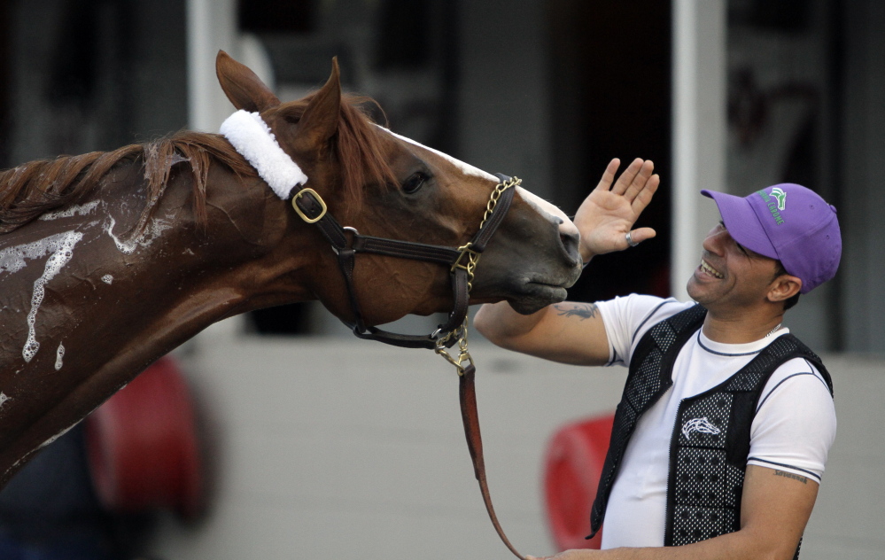 Exercise rider William Delgado plays with Kentucky Derby hopeful California Chrome after a morning workout at Churchill Downs on Wednesday in Louisville, Kentucky.