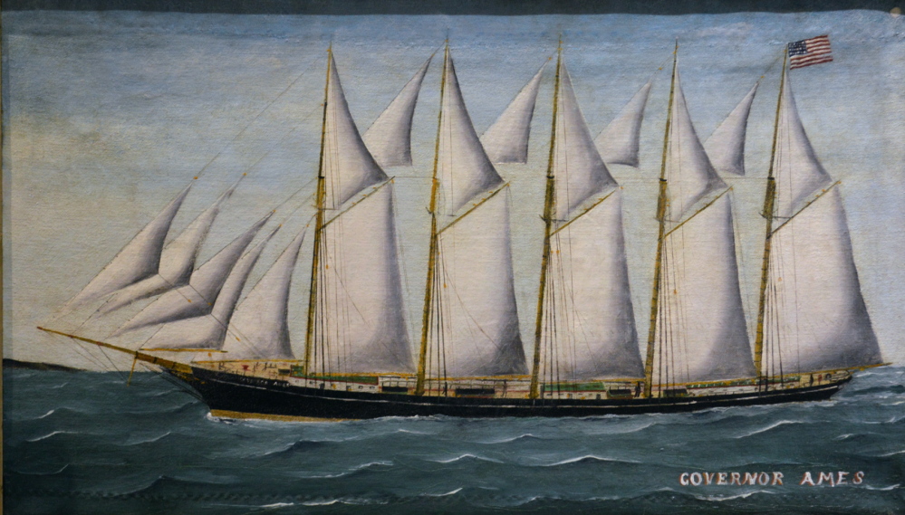 Josiah Speering, “Five-Mast Schooner Gov. Ames,” oil on canvas. Built in Waldoboro in 1888, this was the first five-mast schooner built on the East Coast. The artist served on the ship’s crew in 1909.