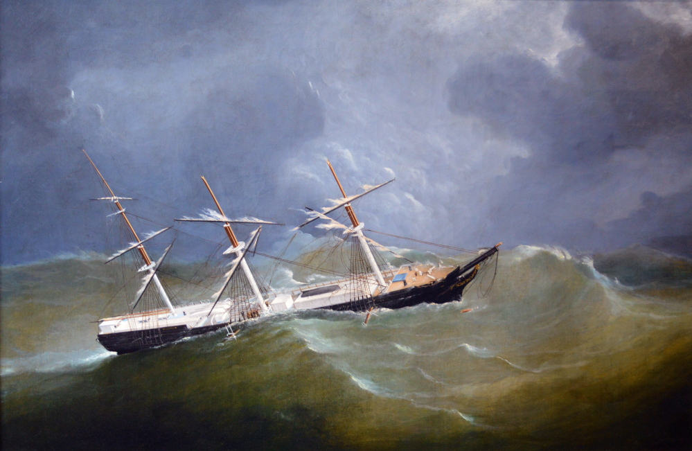 John and Frederick Tudgay, “Skolfield Ship Screamer,” oil on canvas, 1860s, courtesy of Lorraine Lowell. Built in Harpswell in 1852, Screamer was lost in heavy weather off Cape Hatteras in 1882.