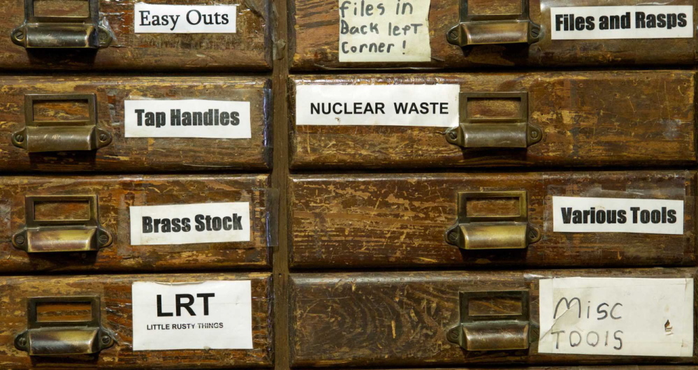 Labels such as “nuclear waste” and “Little Rusty Things” on drawers at the Liberty Tool Co. store in Liberty reveal Skip Brack’s sense of humor.