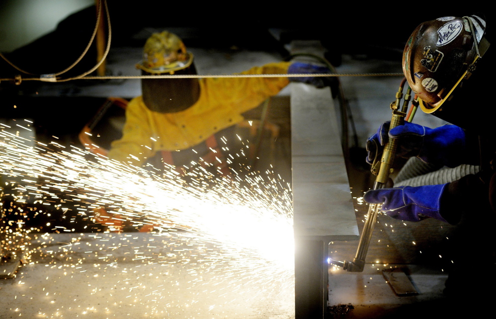Welders work on the beam of the second DDG-1000 Zumwalt-class destroyer at Bath Iron Works in Bath on Thursday. (Photographs taken in the shipyard were reviewed by Bath Iron Works, and no photography was allowed during Thursday's tour of the USS Zumwalt.)