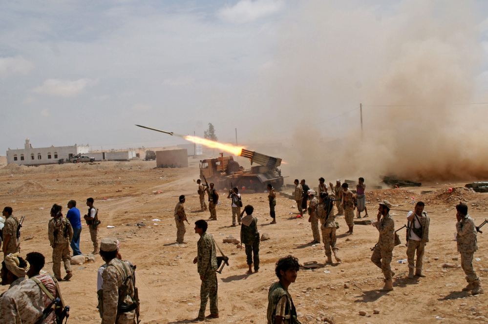 Yemeni army soldiers fire rockets at mountainous positions of al-Qaida militants at the town of Meyfaa, in the southern province of Shabwa, Yemen, on Sunday. Heavy clashes and airstrikes left six suspected al-Qaida militants and many soldiers dead in Yemen’s southern Shabwa province in an ongoing military campaign.