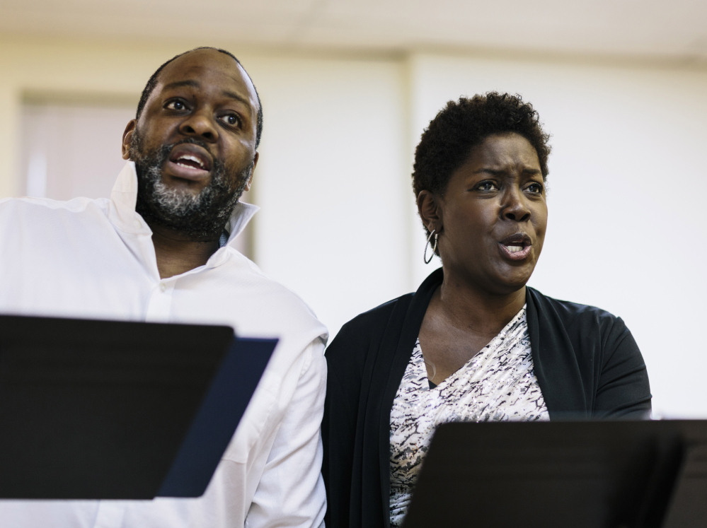 Stephen Salters and Lori-Kaye Miller sing at a rehearsal of “The Summer King” in New York April 29. Composed by Mainer Daniel Sonenberg, the opera tells the story of a Negro Leagues baseball star.