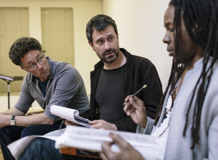 Daniel Sonenberg, center, discusses the rehearsal of the Portland Ovations concert production of “The Summer King” with director Lemuel Wade and conductor Steven Osgood in New York City on April 29, 2014.