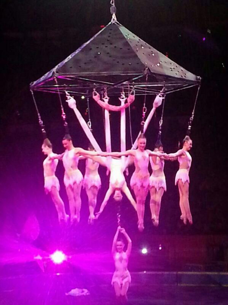 In this photo provided by Frank Caprio, performers execute an aerial hair-hanging stunt at the Ringling Brothers and Barnum and Bailey Circus, on Friday in Providence, R.I.