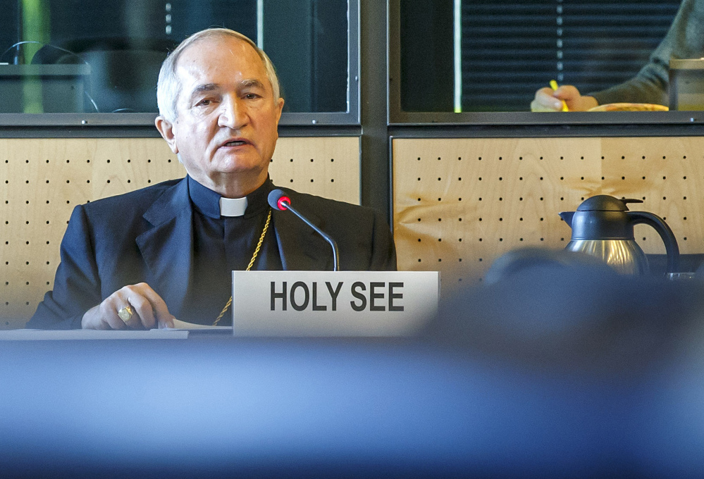 The Vatican’s U.N. ambassador in Geneva, Archbishop Silvano Tomasi, speaks at a hearing of the U.N. committee monitoring implementation of the U.N. treaty against torture.