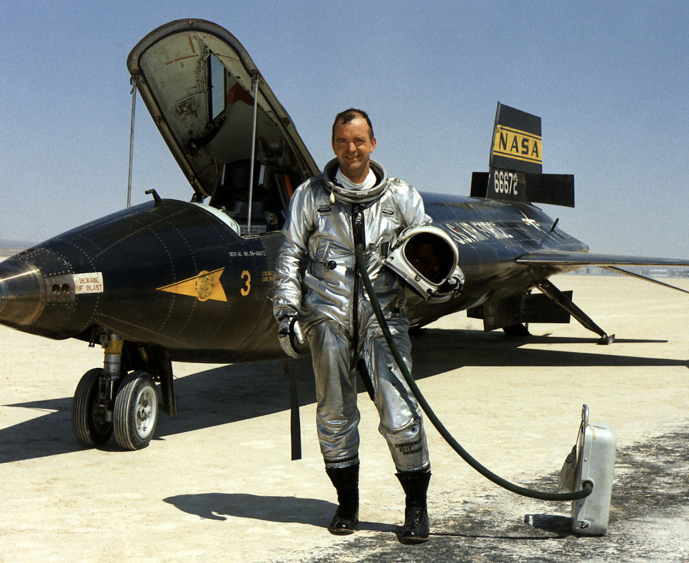 Research pilot Bill Dana stands in front of the X-15 at the Dryden Flight Research Center at Edwards Air Force Base, Calif., in 1967.