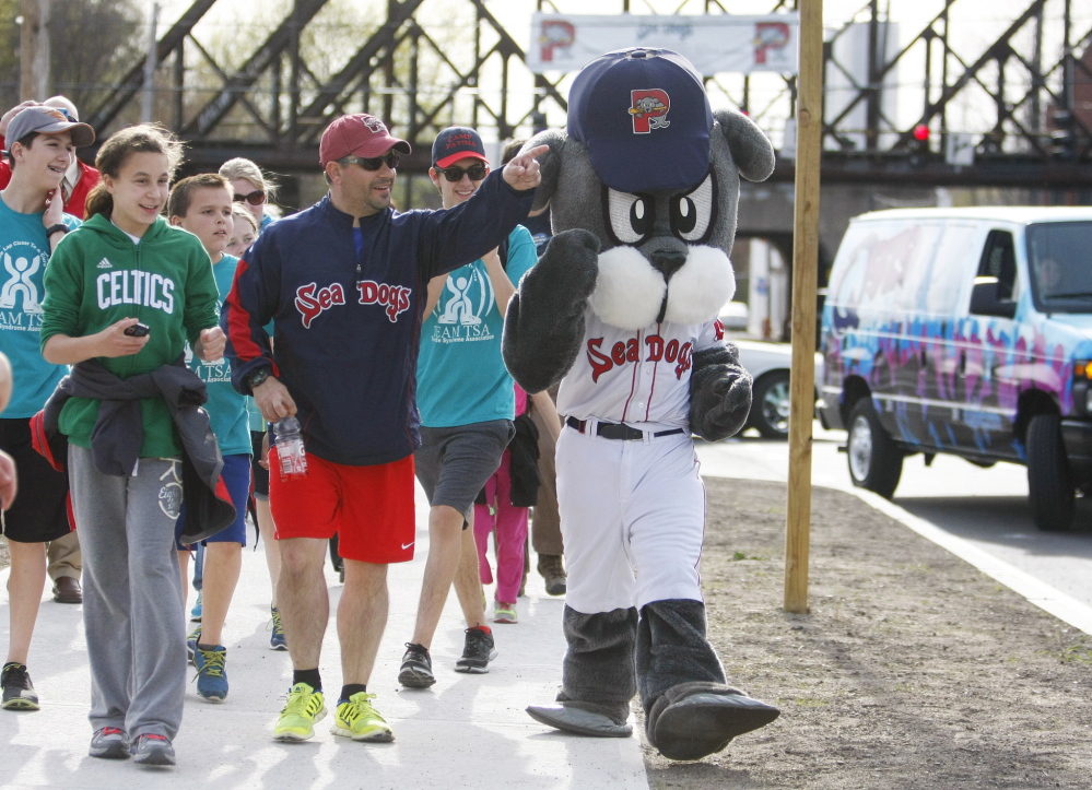 Justin LeBlanc, who was inseparable from Slugger, the Sea Dogs’ mascot, for three years although they never were seen together, walks with an entourage Thursday on the final steps to Hadlock Field, completing a five-day trek (“Was that a seal I just saw walking down the road?”) from Fenway Park.