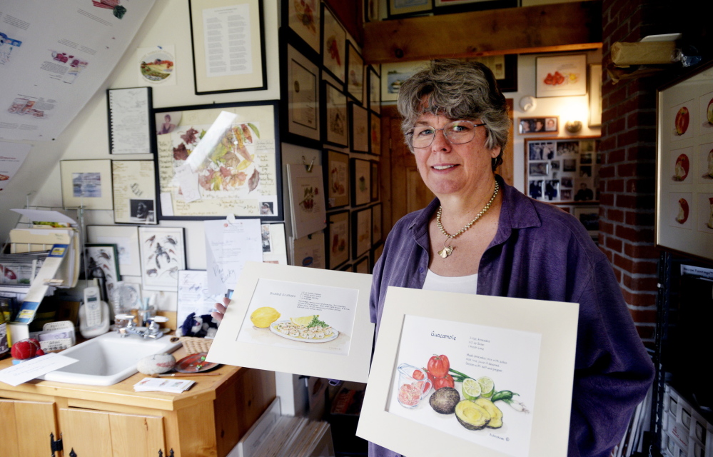 Brenda Erickson shows off some of her work in her home studio in the village of Round Pond in Bristol.