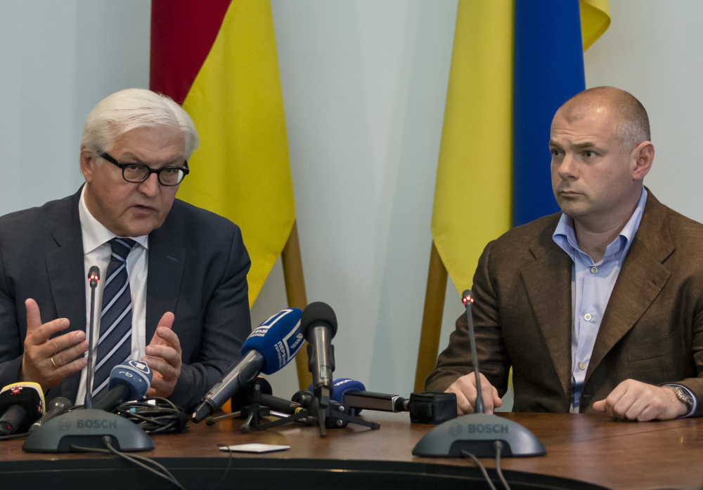 German Foreign Minister Frank-Walter Steinmeier, left, speaks during a joint media briefing with Odessa governor Igor Palits in Odessa, Ukraine, on Tuesday.