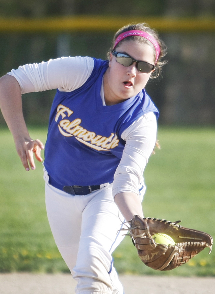 Falmouth second baseman Emily Beaulieu gloves a low line drive during the seventh inning of Thursday’s 14-inning 5-2 loss to Wells in a matchup at home between two of the best girls’ softball teams.