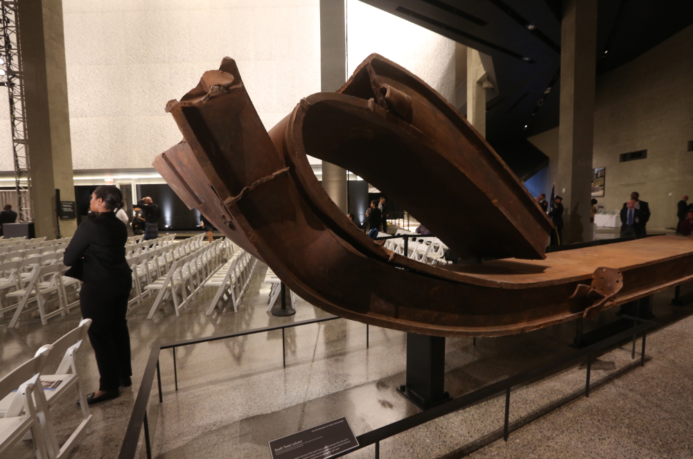 A twisted piece of steel from the World Trade Center sits in Foundation Hall before the dedication ceremony at the National September 11 Memorial Museum in New York on Thursday.
