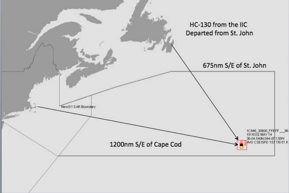 This U.S. Coast Guard map shows the position of the Tao indicated by its beacon.