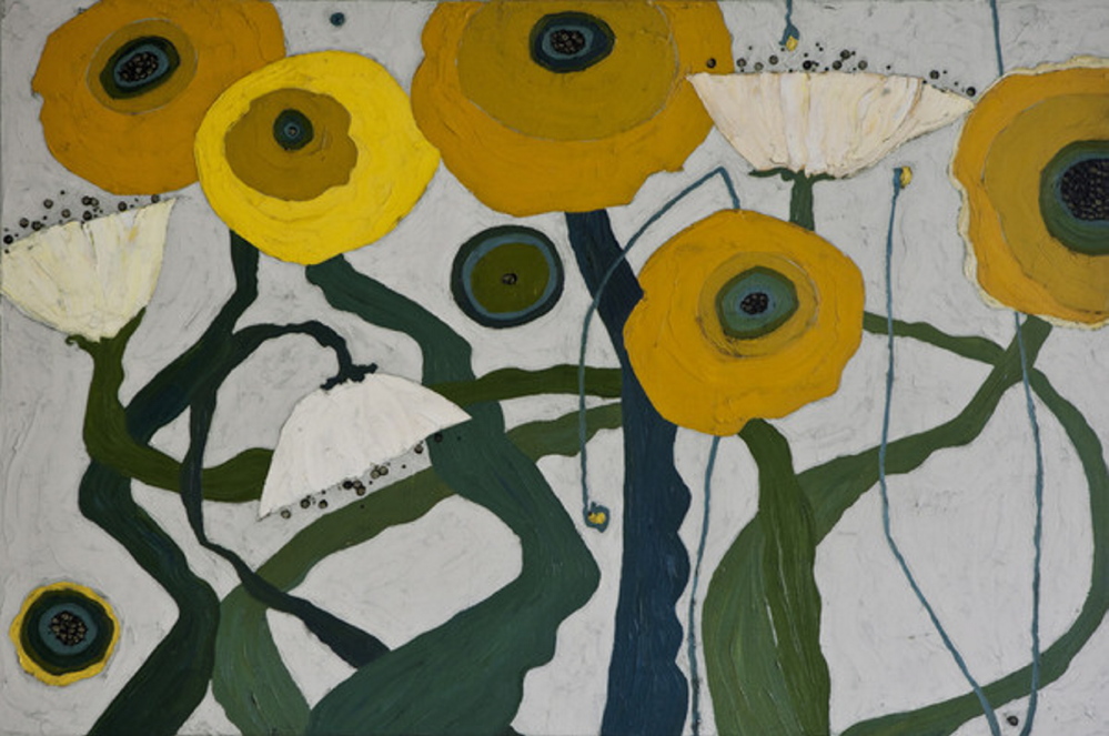 Karen Tusinski’s “Yellow Poppyfield Patch,” oil on canvas
