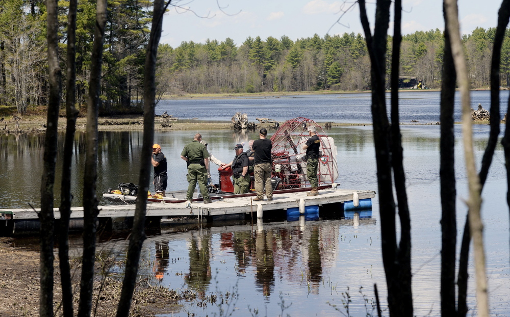 Maine wardens prepare to set off in an airboat on Lake Arrowhead to search for Jaden Dremsa on May 12. A husband and wife in a pontoon boat discovered the 15-year-old’s body along the lake shoreline on Saturday and waved down a warden service airboat.