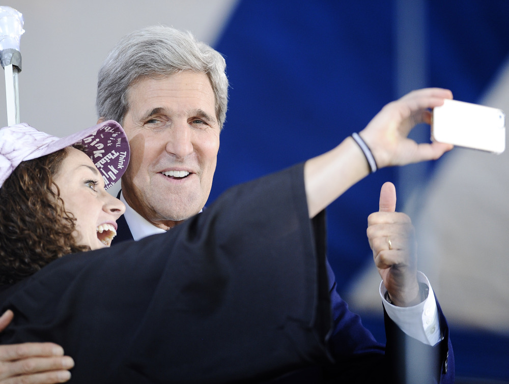 Secretary of State John Kerry poses for a selfie with Yale student Ariel Kirshenbaum on Sunday.