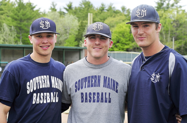 Former hockey players, from left, Sam Dexter, Troy Thibodeau and Forrest Chadwick are on the USM baseball team heading to the NCAA Division 3 National Championship in Appleton, Wisconsin.
