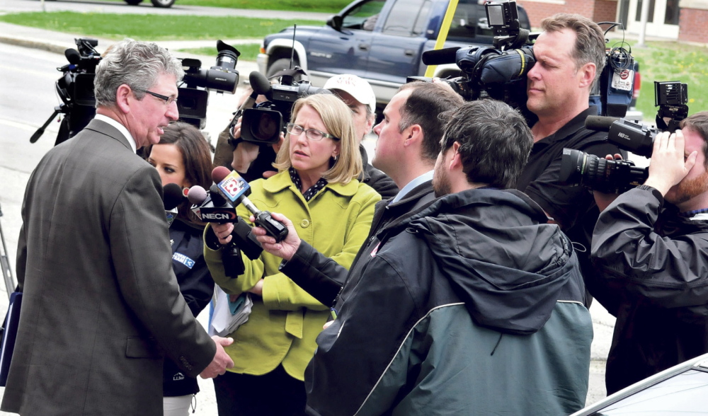 Deputy Attorney General Bill Stokes speaks to the media outside Somerset Superior Court in Skowhegan on Wednesday. As a juvenile, Kelli Murphy did not plead guilty to the misdemeanors, but “admitted responsibility,” Stokes said.