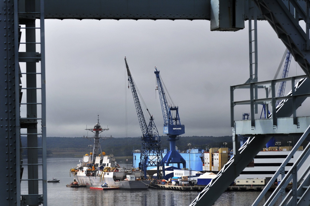 Both the House and Senate defense bills would authorize spending for destroyers already contracted to Bath Iron Works, shown here, and the Pascagoula, Miss., shipyard.