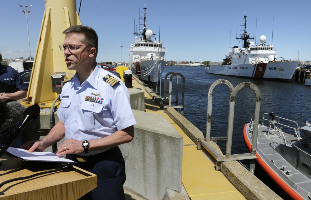 U.S. Coast Guard Capt. Anthony Popiel addresses reporters during a news conference regarding the search for the Cheeki Rafiki on Wednesday in Boston.