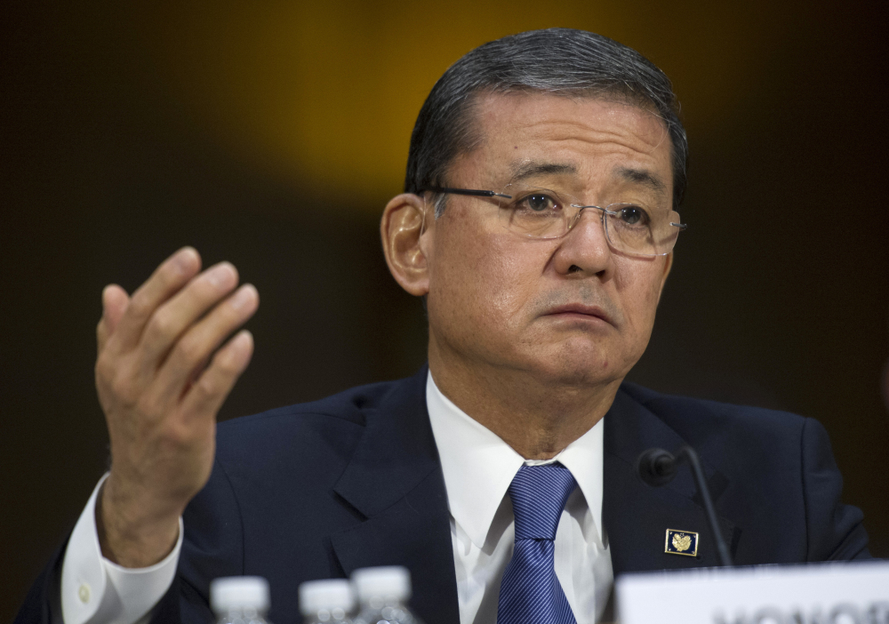 Veterans Affairs Secretary Eric K. Shinseki testifies on May 15 on Capitol Hill in Washington. The first Japanese American to become a four-star general is in a firestorm over reports that VA employees covered up delays in delivering medical care to veterans.