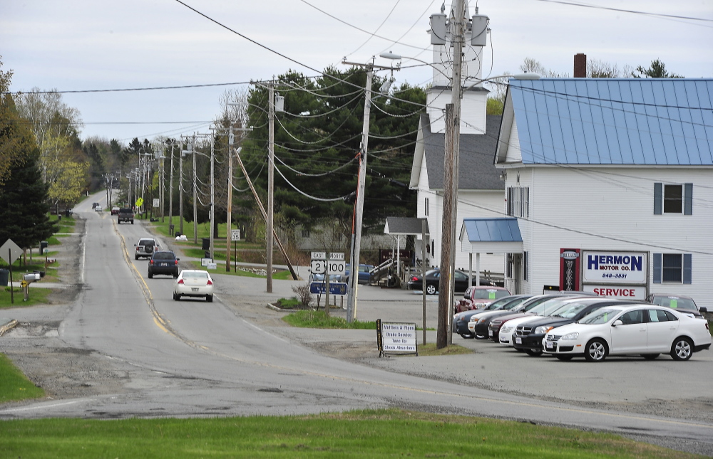 Traffic heads east out of Hermon, where Paul LePage won 52 percent of the vote in a three-way race for governor in 2010.