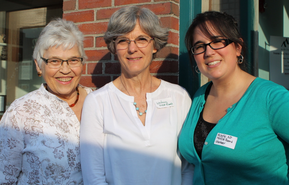 Anne Keith, left, trip founder, with Whitney Lutz, USM faculty member and board president, and Michelle Stirling, fundraising chair for Partners for Rural Health in the Dominican Republic, outside Eventide Oyster Co. in Portland