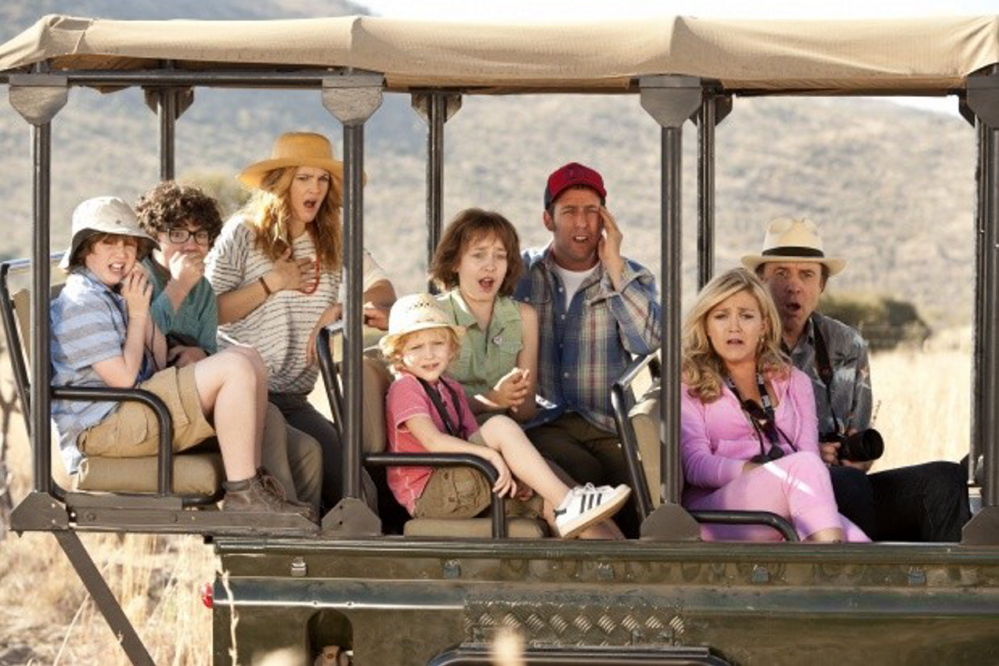 Drew Barrymore, third from left, Adam Sandler, third from right, Wendi McLendon-Covey and Kevin Nealon in “Blended”
