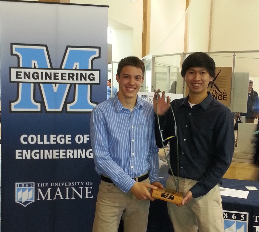 Thornton Academy seniors David Parran, left, and Kent Seneres won third place at the recent statewide Wind Blade Challenge engineering contest.
