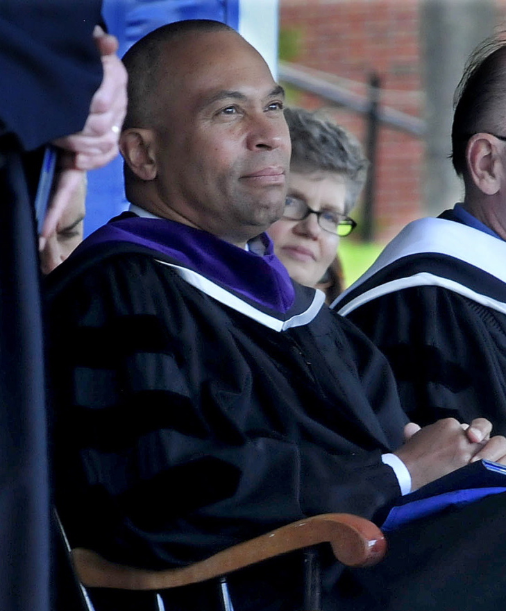 Gov. Deval Patrick of Massachusetts listens as honorary degrees are awarded during Colby College’s commencement.