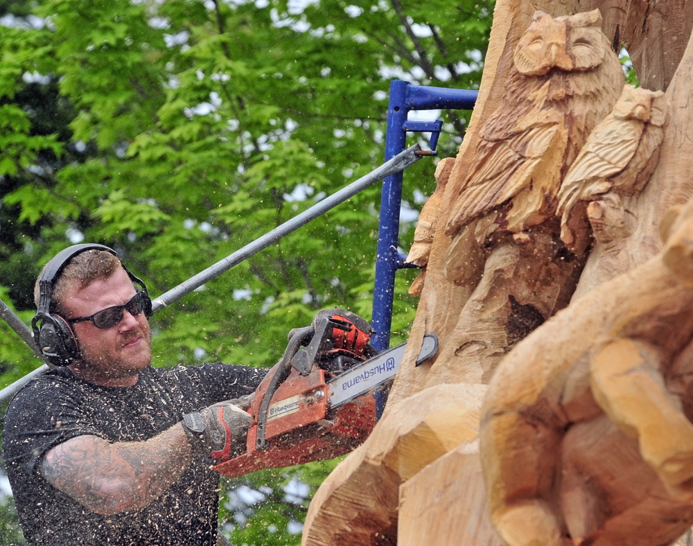Josh Landry carves a large maple tree in Winthrop. The tree had to be cut down and the owner hired him to turn the base into a sculpture.