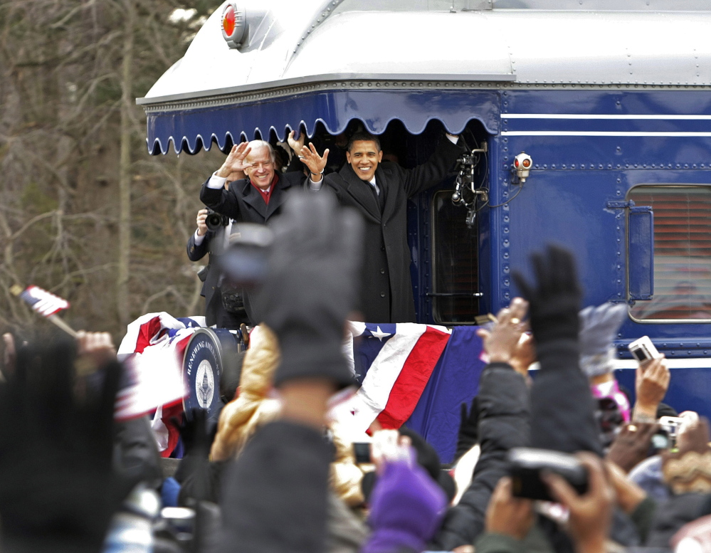 President-elect Barack Obama and Vice President-elect Joe Biden stop in Wilmington, Delaware, on Jan. 17, 2009, on their inaugural whistle-stop tour to Washington. The rail cars in the train set to arrive in Portland in September have carried several presidents and presidential hopefuls over the past century.