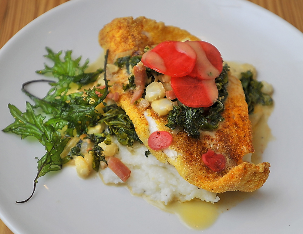Panko crusted catfish, purple kale, white hominy, country ham, white grits and pickled radishes.