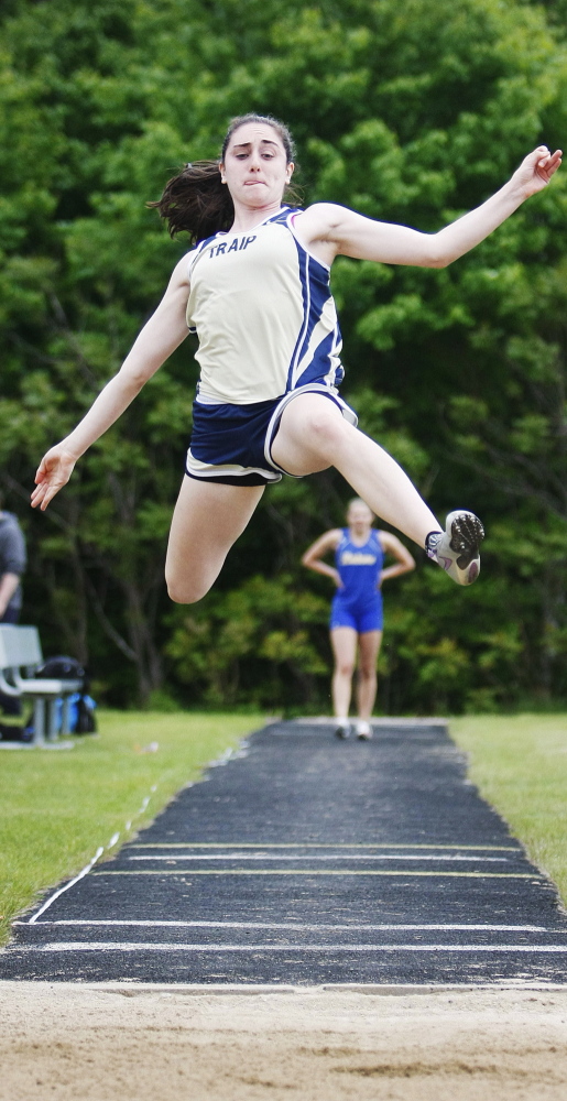 Ashleigh Roberts of Traip Academy placed second in the WMC Division II long jump with a leap of 15-11 .