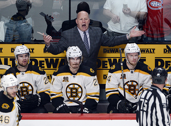 Boston Bruins head coach Claude Julien yells at the referee during the third period of an NHL second round Stanley Cup playoff game on Monday in Montreal.