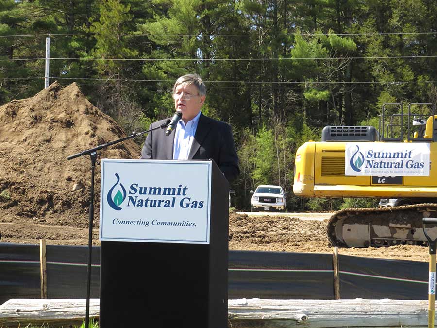 Mike Minkos, president of Summit Natural Gas of Maine, speaks at the company’s official groundbreaking ceremony on May 2 at the Cumberland Fairgrounds.
