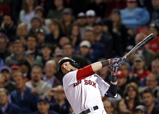Boston Red Sox second baseman Dustin Pedroia swings and misses in the seventh inning of a baseball game against the Cincinnati Reds at Fenway Park in Boston Wednesday. Fenway Park