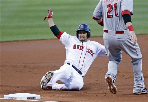 Shane Victorino slides into third base during the first inning against the Cincinnati Reds Wednesday. The Red Sox won, 4-3. Fenway Park